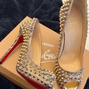 Christian Louboutin Metallic Spiked Peep-Toe Heels